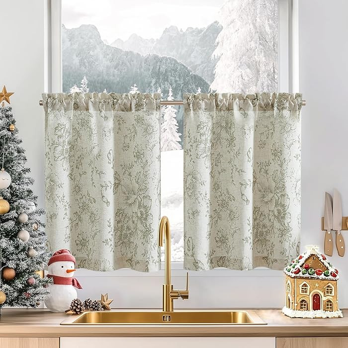 jinchan Floral Linen Tier Curtains 30 Inch Farmhouse Botanic Cafe Drapes for Small Windows Rustic... | Amazon (US)