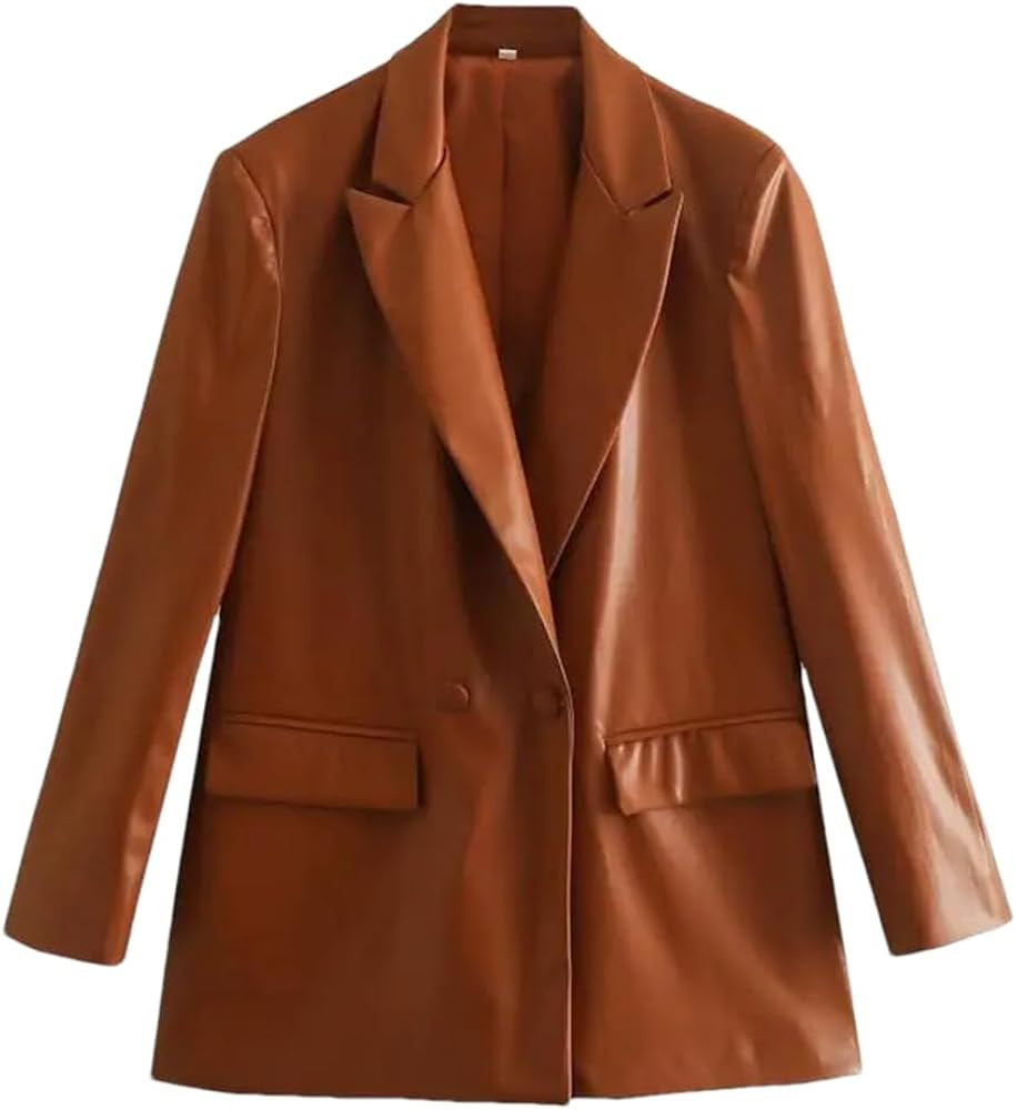 Women Loose Brown Faux Leather Suit Jacket Casual Lapel Double-Breasted Long Sleeve Blazers | Amazon (US)