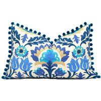 Outdoor Floral Pillow Cover with Pom Pom Trim. Lumbar Outdoor pillow cover with Pom Pom Trim. | Etsy (US)