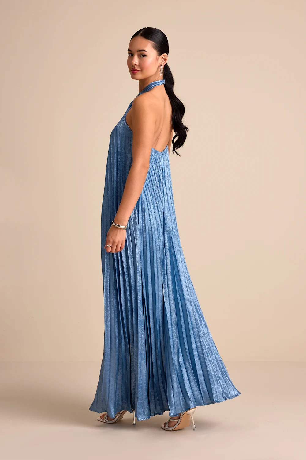 Gelsey Dusty Blue Pleated Halter Shift Maxi Dress | Lulus