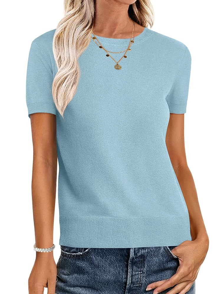 ANRABESS Womens Short Sleeve Sweaters Wool Blend Crew Neck Sweater Shirts Business Casual Work To... | Amazon (US)