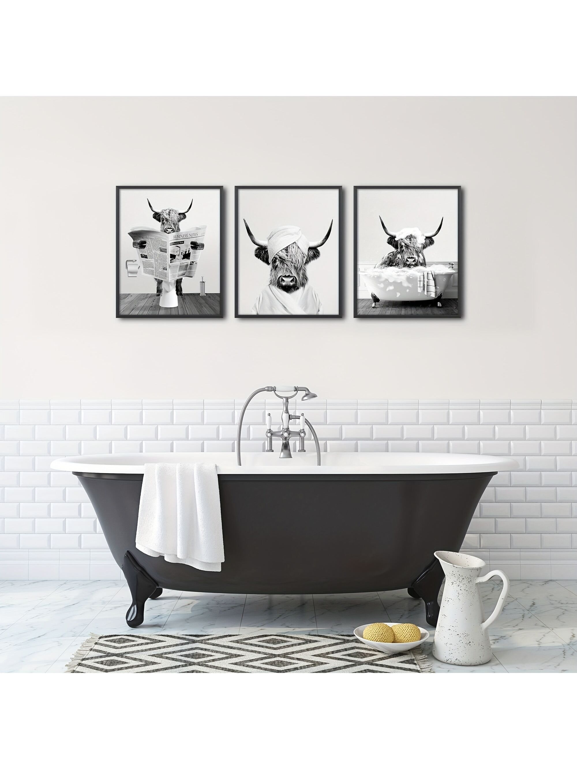 3pcs/set Funny Highland Cow Wall Art In Bathtub, Black And White Canvas Cow In Bathroom Picture, ... | SHEIN