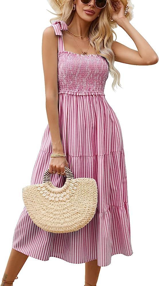 Sexyasasii Striped Dress for Women 2023 Summer Square Neck Tie Shoulder Smocked A Line Beach Vaca... | Amazon (US)