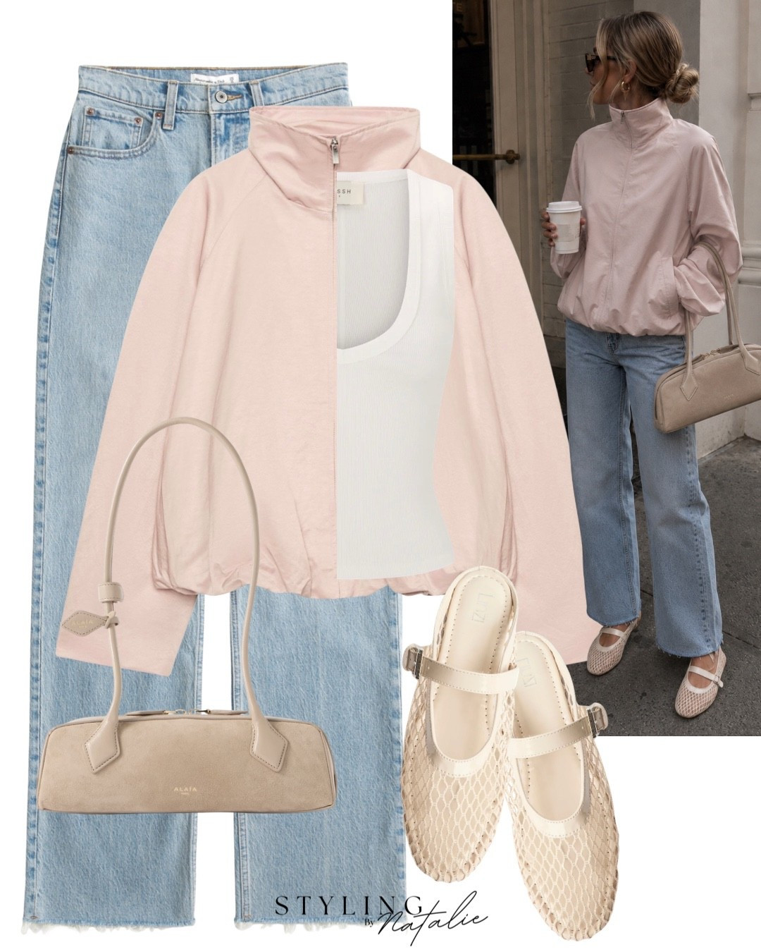 Pink funnel neck bomber jacket, high rise denim jeans, scoop neck tank top, slip on mesh ballet flats, suede alaia bag. @Zara @linzi 
Fall fashion, transitional outfit

#LTKuk #LTKautumn #LTKFashionMonth