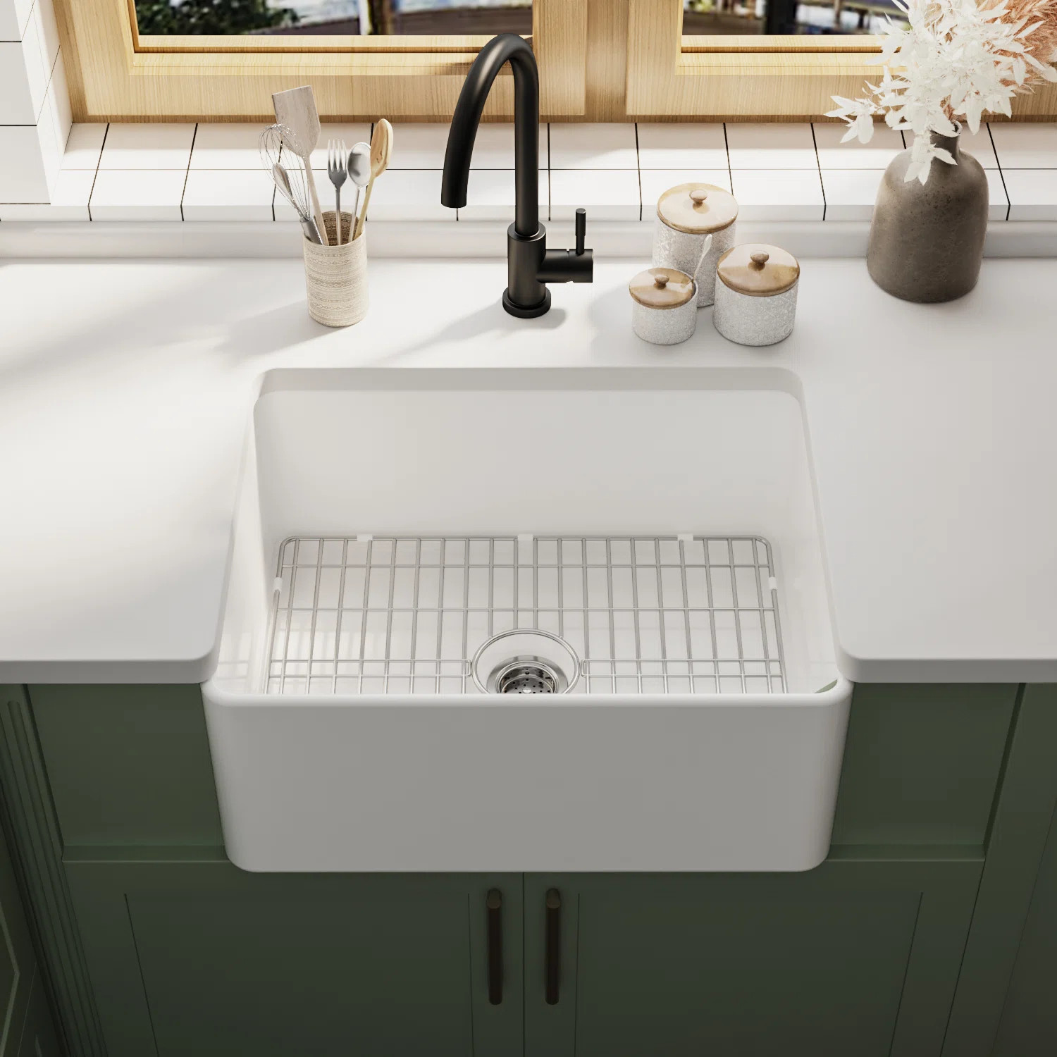 Perch 24" L x 18" W Fireclay Single Bowl Farmhouse Kitchen Sink with Sink Grid and Basket Straine... | Wayfair North America