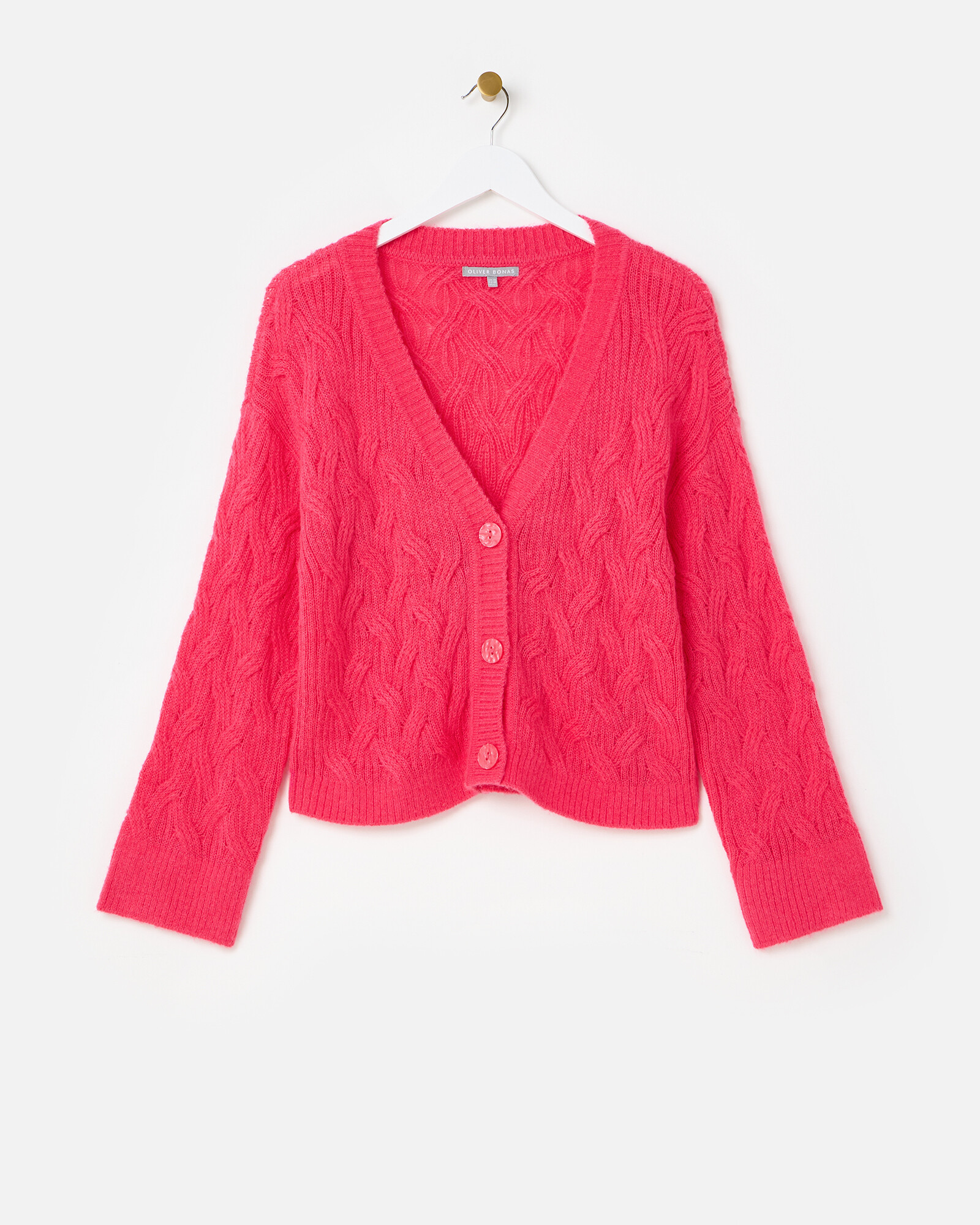 Hot Pink Plait Stitch V-Neck Knitted Cardigan, size 18 | Oliver Bonas (Global)