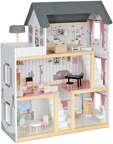 Lil’ Jumbl Kids Wooden Dollhouse, 17-Piece Accessories & Furniture are Included, with Balcony &... | Amazon (US)