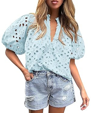 PRETTYGARDEN Women's Summer Tops 2025 Dressy Casual Short Sleeve V Neck Buttons Hollow Out Lace E... | Amazon (US)