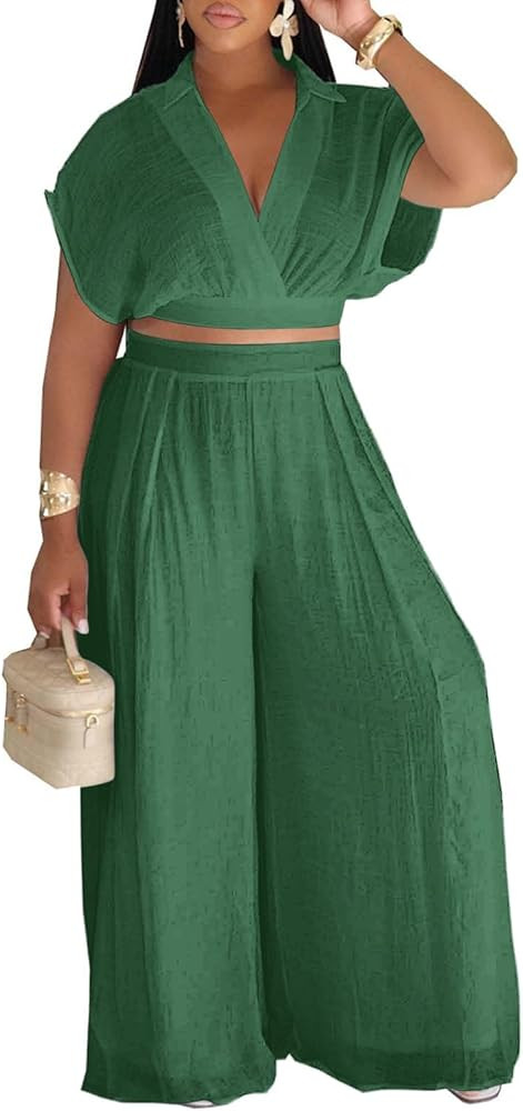KEYUFANG Women's Summer 2 Piece Outfits Wrap V Neck Crop Top and Wide Leg Pants Sets Casual Vacat... | Amazon (US)
