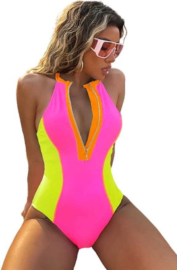 BIKINX Women One Piece Bathing Suit Tummy Control Swimsuits High Neck Zip Front Monokini Color Bl... | Amazon (US)
