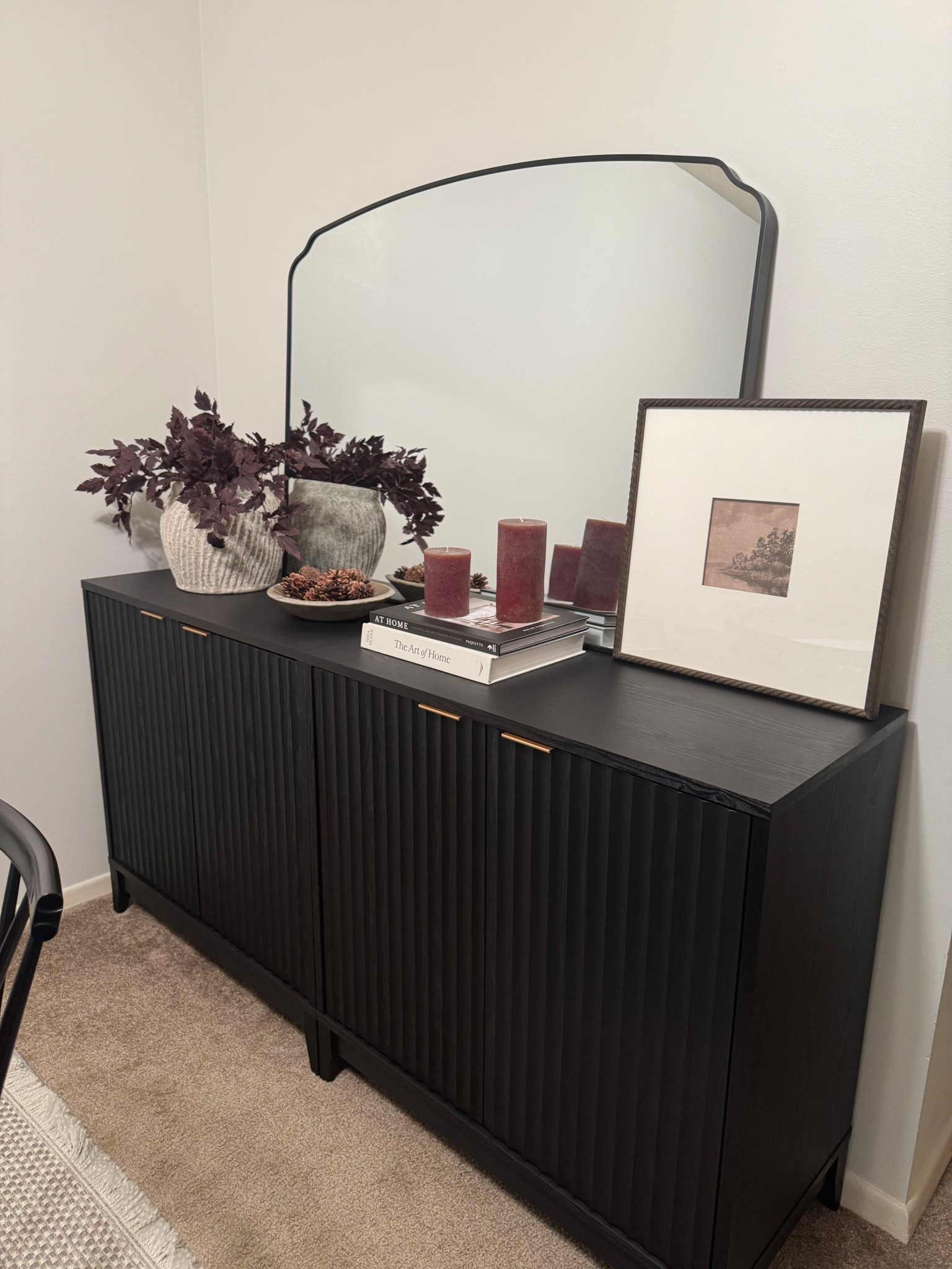 Dining room, black, fluted, sideboard, plum, stems, concrete, vase, Michael’s, vase, beige vase, coffee, table, books, marble bowl, decorative bowl, pine cones, brown, pillar, candles, dining room, decor, dining room styling, Christmas dining room styling

#LTKSaleAlert #LTKHoliday #LTKHome