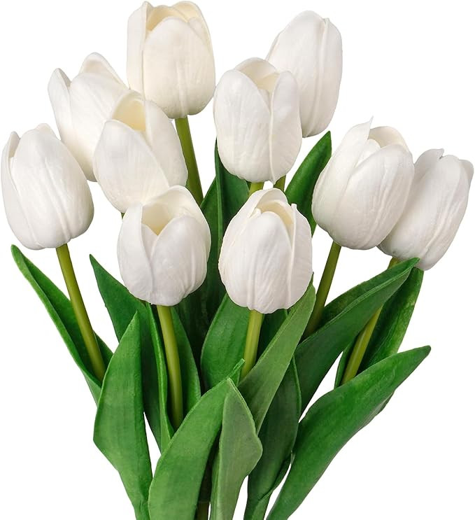 10Pcs White Fake Tulips Faux Tulips with Stems Artificial Flowers for Decoration White Fake Flowe... | Amazon (US)