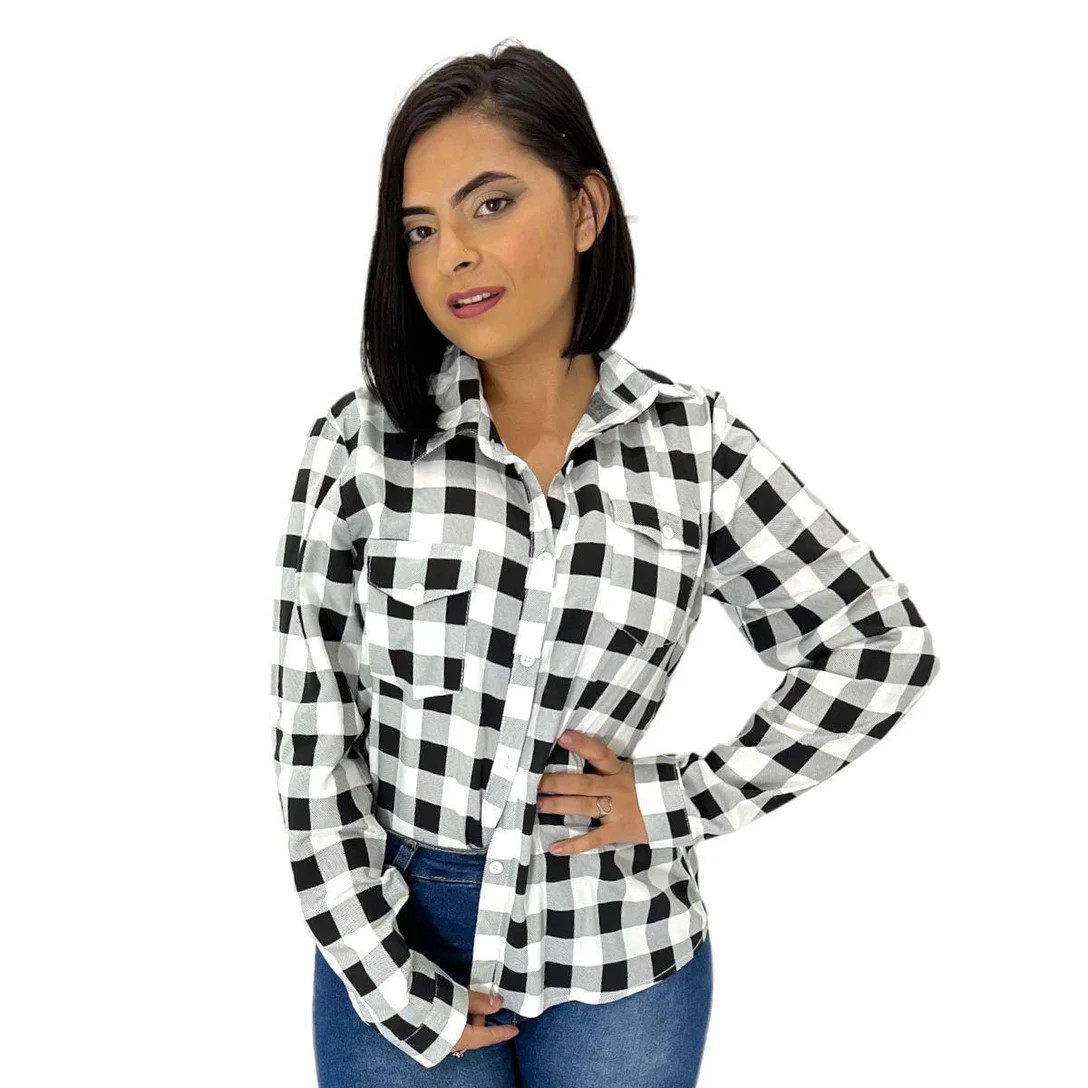 Blusa Camisa Xadrez Feminina Manga Longa Festa Junina - Branco+Preto | Zattini (BR)