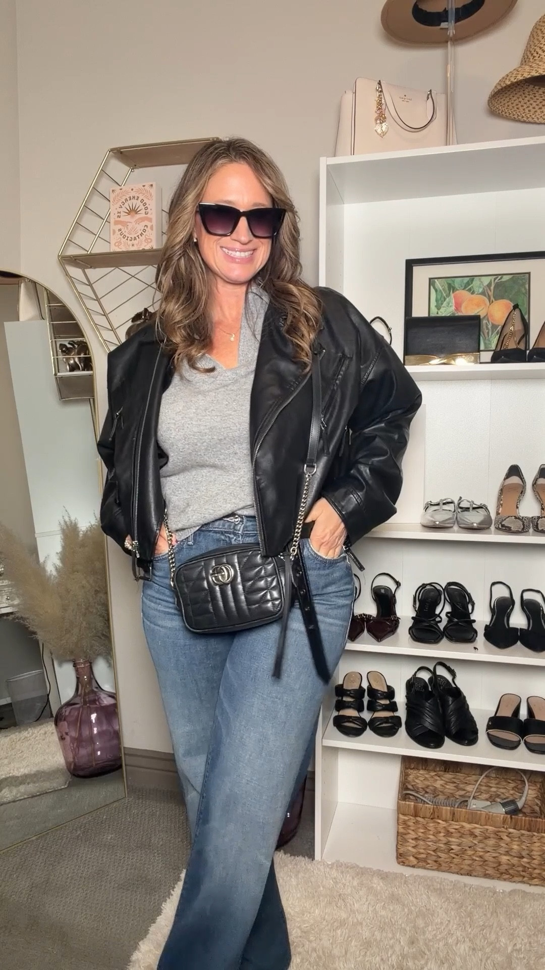 Wearing a size 30 in the Mother The Kick It high-waisted straight leg jeans. I am 5’3” and did have them hemmed a bit. A large in the jacket. Sweater is from Theory. I linked similar options. 

#LTKootd #LTKMidsize #LTKPetite