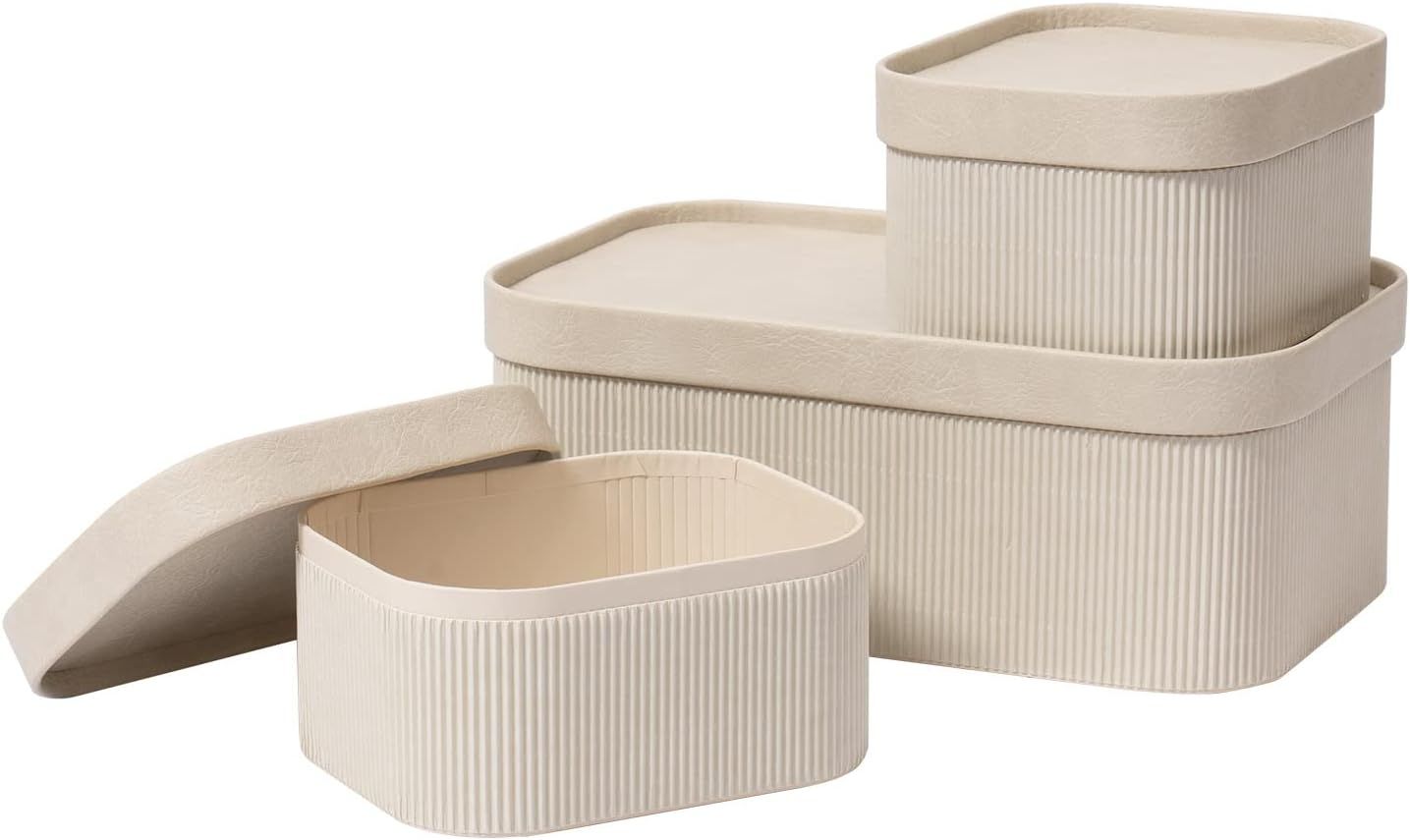 LA JOLIE MUSE Storage Basket Set of 3 with Leather Lids Fluted Cardboard - Light Grey | Amazon (US)