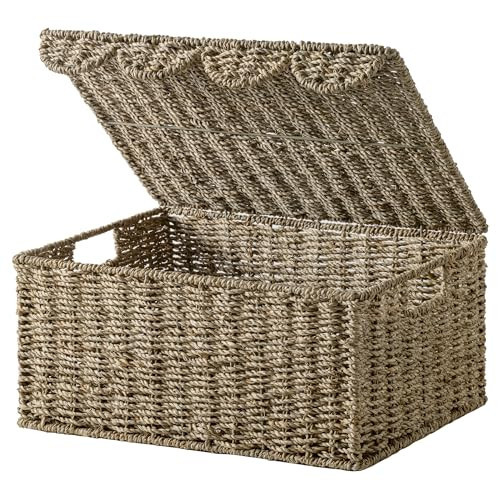 StorageWorks Wicker Basket with Lid, Scalloped Edge Woven Basket, Seagrass Storage Baskets with Lid, Scalloped Baskets for Shelves, Decorative Storage Boxes, 16½" L X 13" W X 7½" H | Amazon (US)