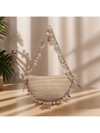 Women Pearl Straw Clutch Purse Woven Summer Beach Evening Bag Wedding Party Straw Shoulder Handbag | SHEIN