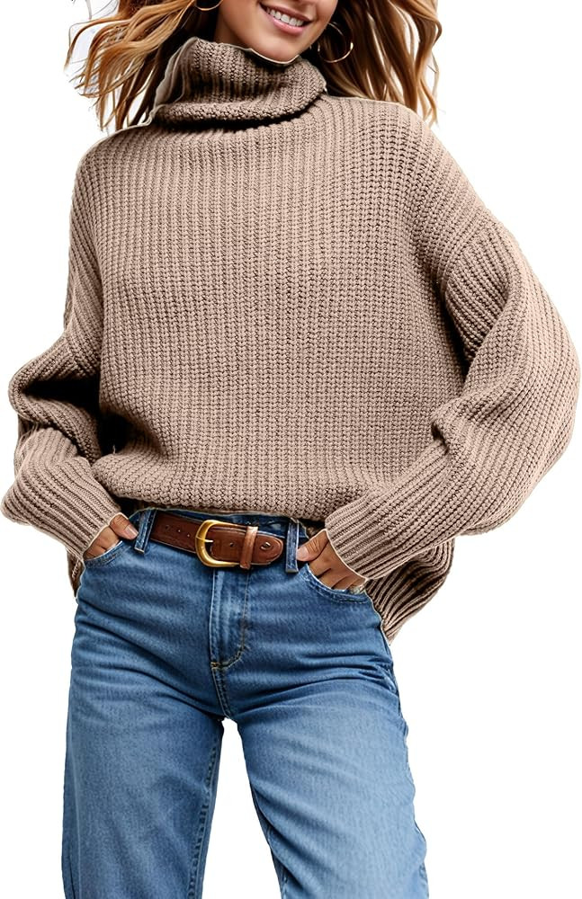 Women Turtleneck Sweater Jumper Tops Chunky Knit Pullover Casual Shirt | Amazon (US)