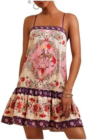 Floerns Women's Sleeveless Cami Dress Floral Flounce Hem Summer Short Dresses | Amazon (US)