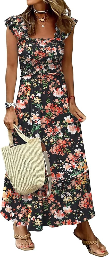 ANRABESS Womens Summer Sleeveless Maxi Dress Square Neck Smocked Boho Casual Ruffle Strap Flowy A... | Amazon (US)