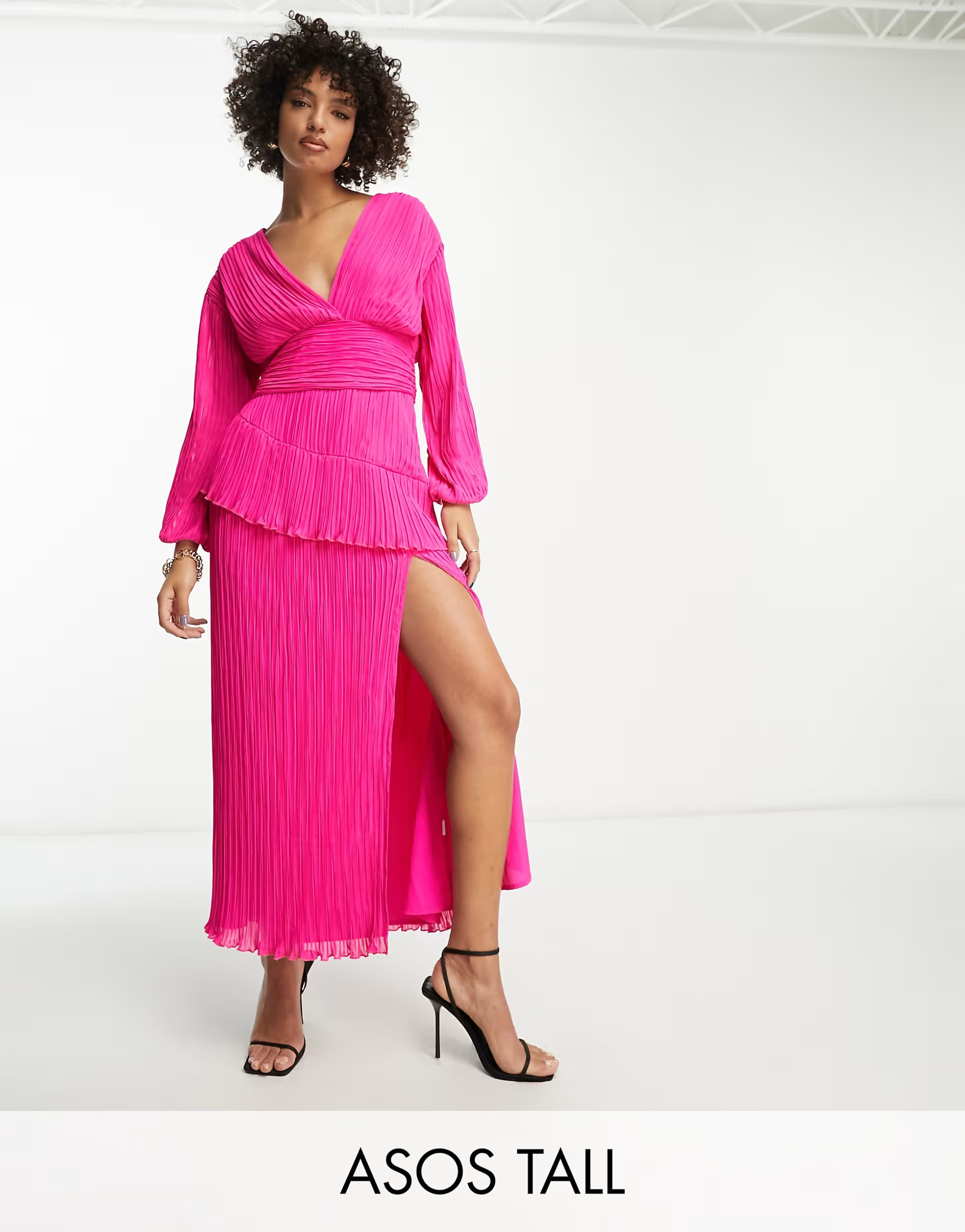 ASOS DESIGN Tall pleated midi dress with a belt in bright pink | ASOS (Global)