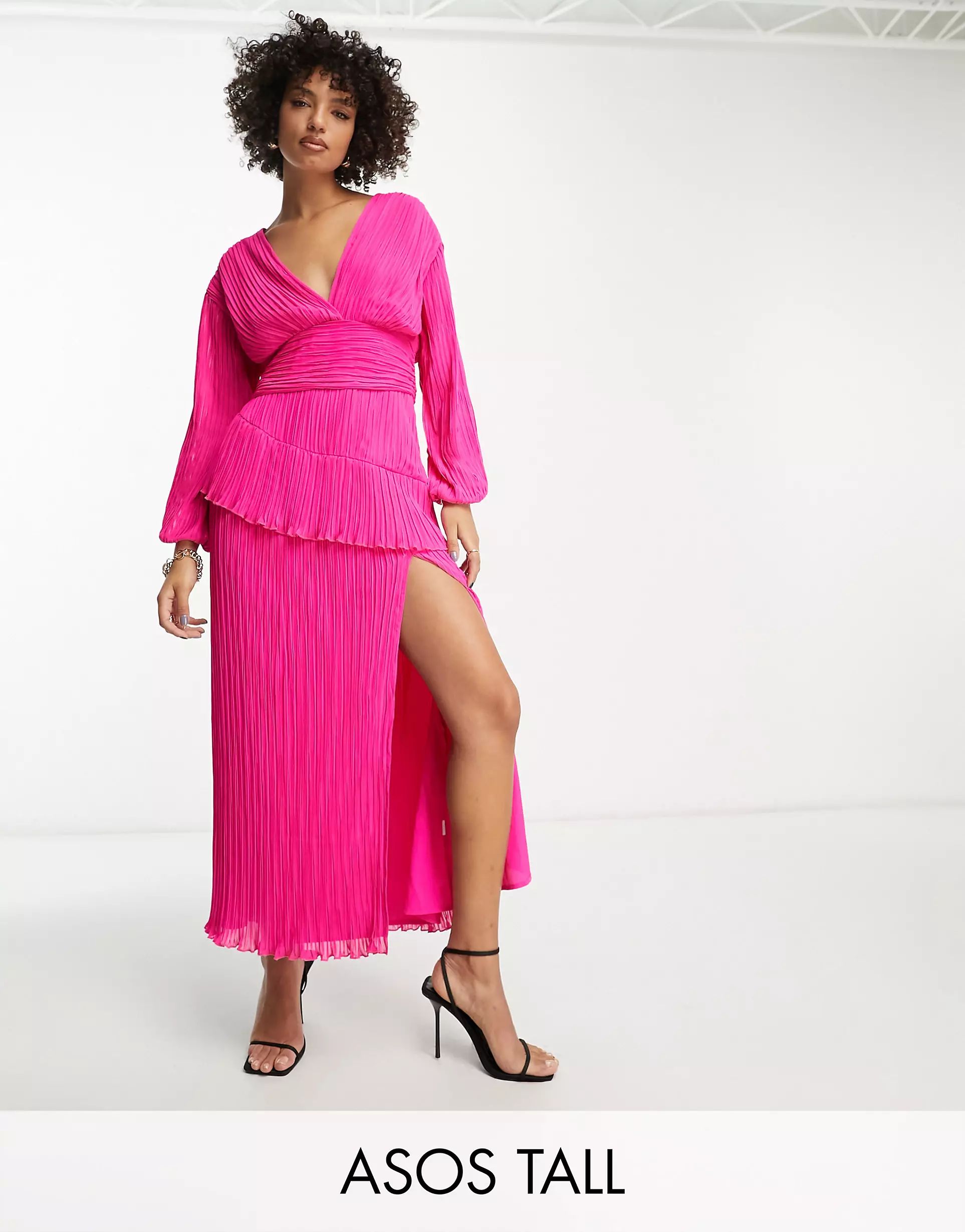 ASOS DESIGN Tall pleated midi dress with a belt in bright pink | ASOS (Global)