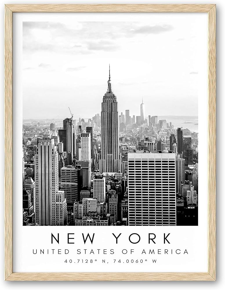 HesenDot 12x16in Framed Wall Art,Black and White New York City Skyline Canvas Print,OAK Frame Mod... | Amazon (US)