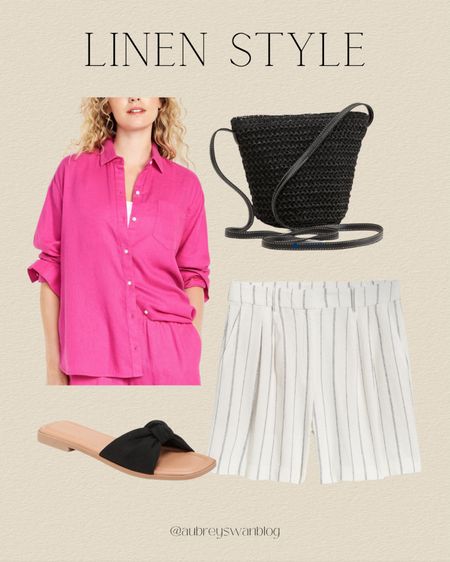 Linen Style ✨ 

Old Navy finds, linen blend button down shirt, knot front slide sandals, straw crossbody bag, trouser linen shorts 