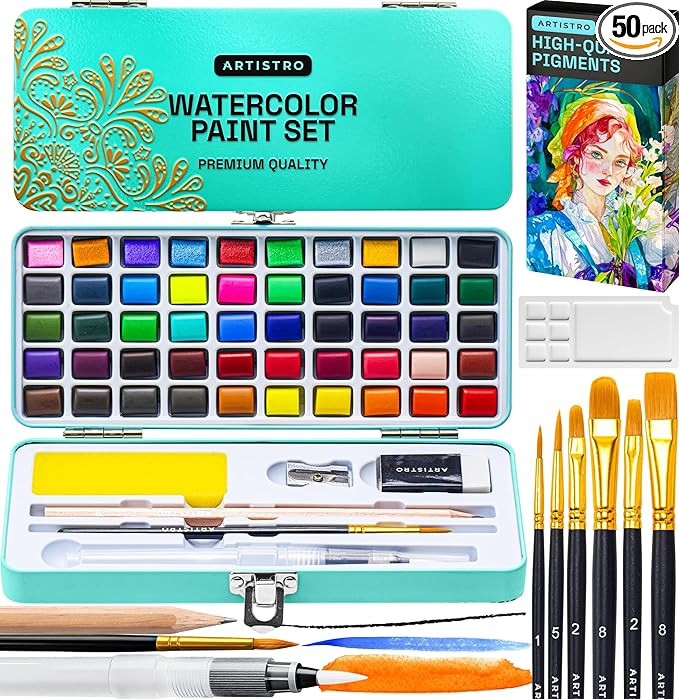 ARTISTRO 50 Color Watercolor Paint Set - Portable Paint Art Kit with Palette and Brush Pens - Tra... | Amazon (US)
