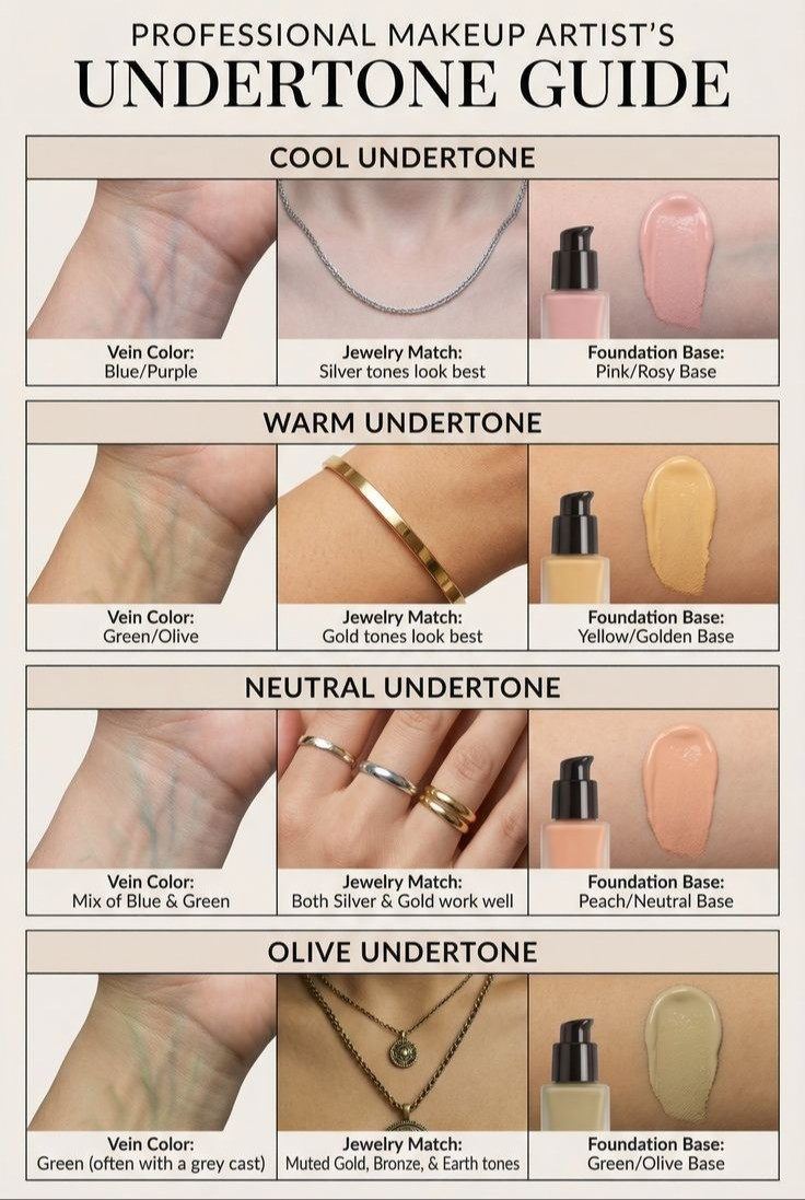 Choosing the right makeup starts with knowing your undertone—not just your skin tone. ✨

Not sure where you fall?

🤍 Cool: Pink, rosy, or blue undertones. Silver jewelry tends to be most flattering.

💛 Warm: Golden, peachy, or yellow undertones. Gold jewelry usually complements your skin beautifully.

🤎 Neutral: A balanced mix of warm and cool, giving you flexibility across many foundation shades and makeup colors.

💚 Olive: Green, golden, or muted undertones that can sometimes appear slightly gray. Olive skin often needs specially formulated shades to avoid looking too pink or too orange.

Understanding your undertone makes foundation matching, concealer selection, blush, bronzer, lipstick, and even clothing colors so much easier. Save this guide for your next beauty shopping trip, and browse my favorite complexion products here to help you find your perfect match. 💄✨

#MakeupTips #UndertoneGuide #FoundationMatch #MakeupEducation #EstheticianApproved #BeautyTips #NeutralUndertone #CoolUndertone #WarmUndertone #OliveUndertone 

 #LTKselfcare #LTKOver40 #LTKBeauty