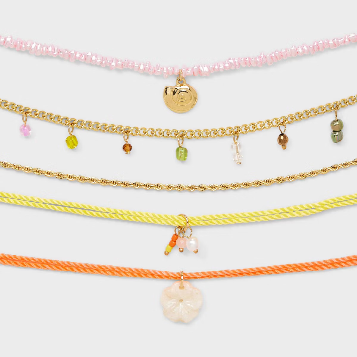 Beaded and Flower Charm Choker Pendant Necklace Set 5pc - Wild Fable™ Gold/Pink/Yellow | Target