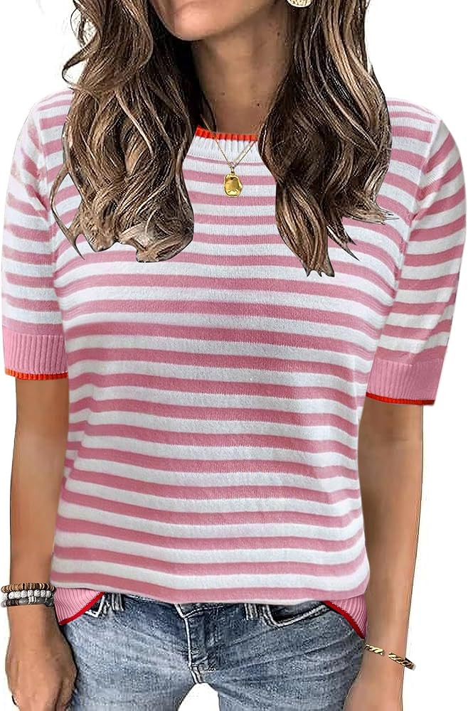 Womens Tops Summer Short Sleeve Shirts Striped Sweater Cute Casual Top Trendy Women Clothing Crew... | Amazon (US)