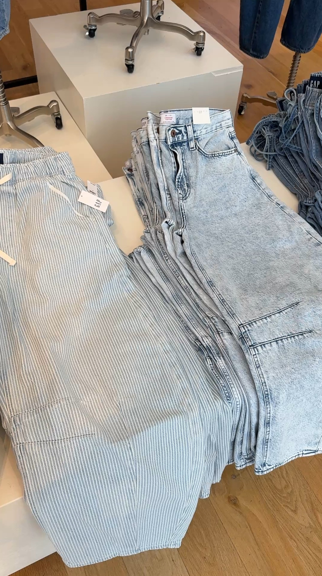 Stretchy waist band barrel jeans from Gap! I got these in two washes in a size Small - they run big and are perfect for a bump!