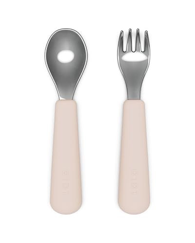 Lalo Utensils - Toddler Fork and Spoon Set - Stainless Steel and Silicone Ergonomic Toddler Utensils - Children Safe Flatware Set - 2 Pieces - Grapefruit | Amazon (US)