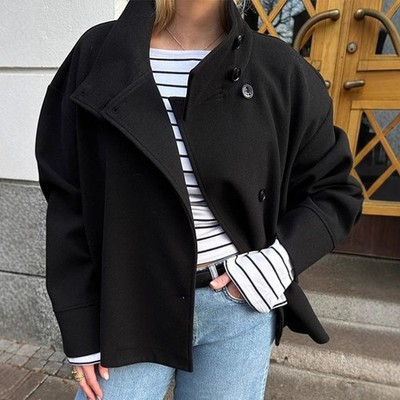 2025 Womens Jacket Elegant Stand Up Collar Woolen Buckle Short Loose Casual Coat | eBay US