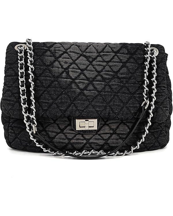 Quilted Denim Purse, Shoulder Bag for Women, Crossbody Flap Tote Bag, Silver Chain Trendy Hobo Ba... | Amazon (US)