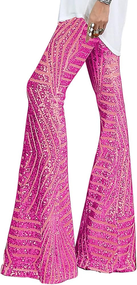 Bell Bottoms High Waisted Pants Bling Sequin Flared Trousers | Amazon (US)