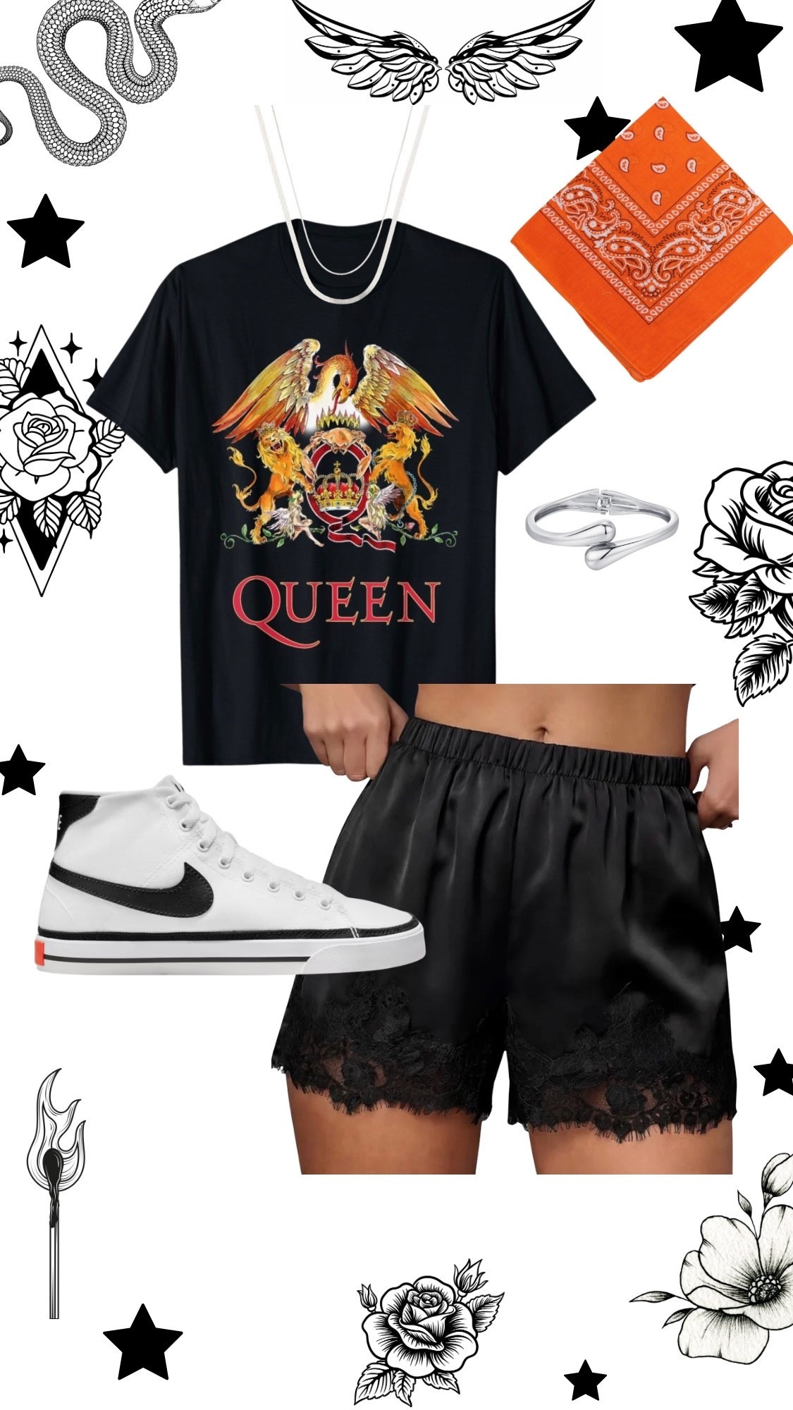 Edgy Amazon Outfit Inspo. Band tee and lace satin shorts