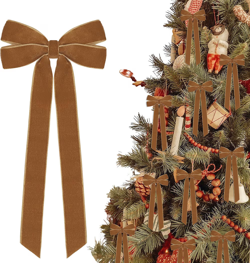 12Pcs Vintage Velvet Ribbon Bows Christmas Tree Decorations,5in x 10in Brown Xmas Ornaments for Tree Home Party Front Door Wreath Holiday Decor | Amazon (US)