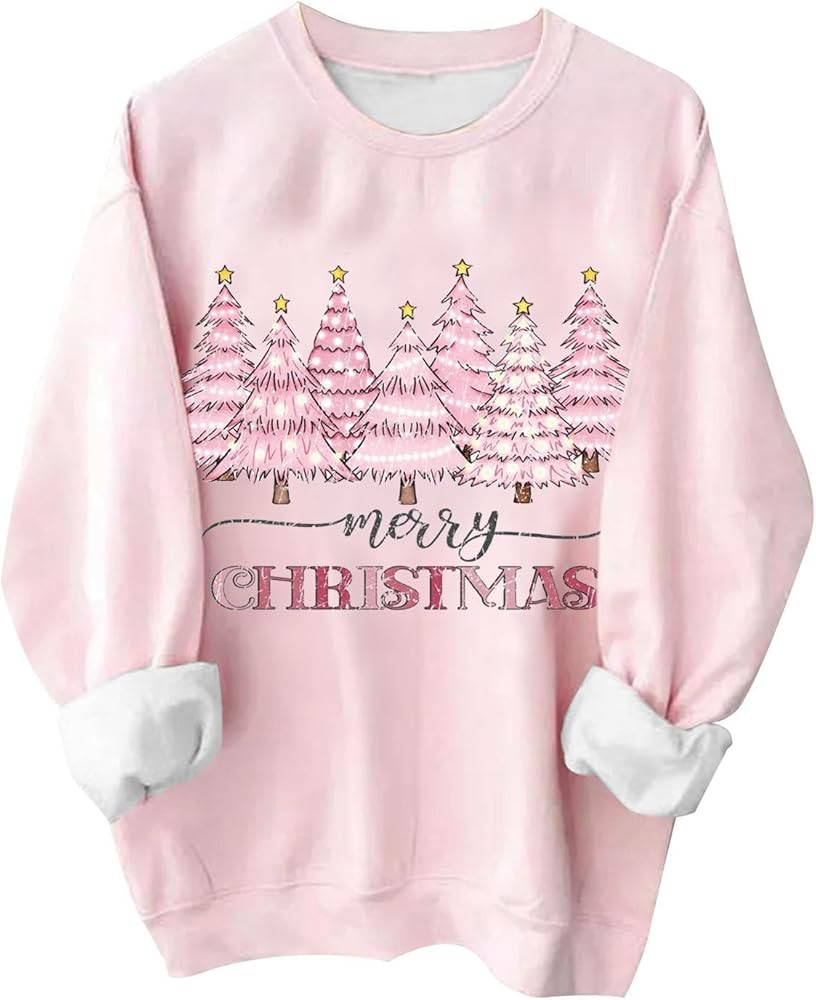 Pink Christmas Sweatshirts for Women Novelty Funny Santa Xmas Tree Graphic Pullover Tops Loose Ca... | Amazon (US)