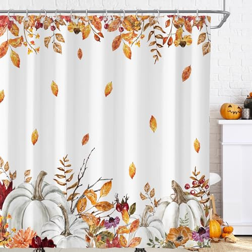 Fall Harvest Autumn Maple Leaves Pumpkin Boho Floral Shower Curtain for Bathroom 72W*72H Inch Thanksgiving Day Seasonal Plants Farmhouse Bathtub Decor Waterproof Polyester Fabric Set with 12 Hooks | Amazon (US)