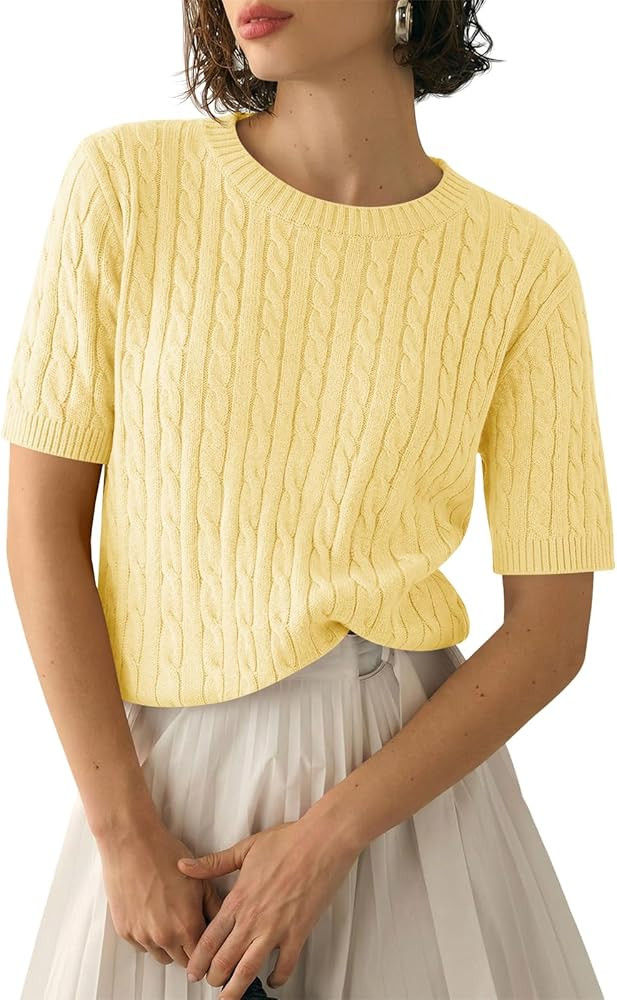 Saodimallsu Womens Cable Knit Sweater Tops Short Sleeve Crew Neck Loose Casual Summer Pullover Sw... | Amazon (US)