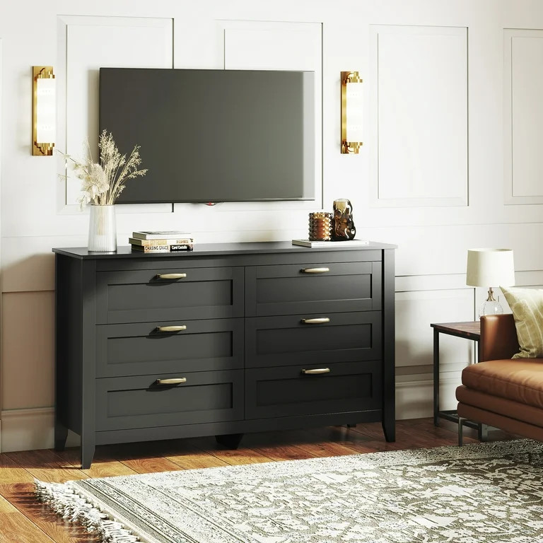 WLIVE 6 Drawers Black Double Dresser, Wooden Storage Chest of 6 Drawers, Wide Black Dresser for B... | Walmart (US)