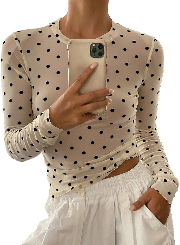 Women Trendy Crew Neck Polka Dot Sheer Mesh Blouse Sexy Slim Fit Long Sleeve See Through Crop Shi... | Amazon (US)