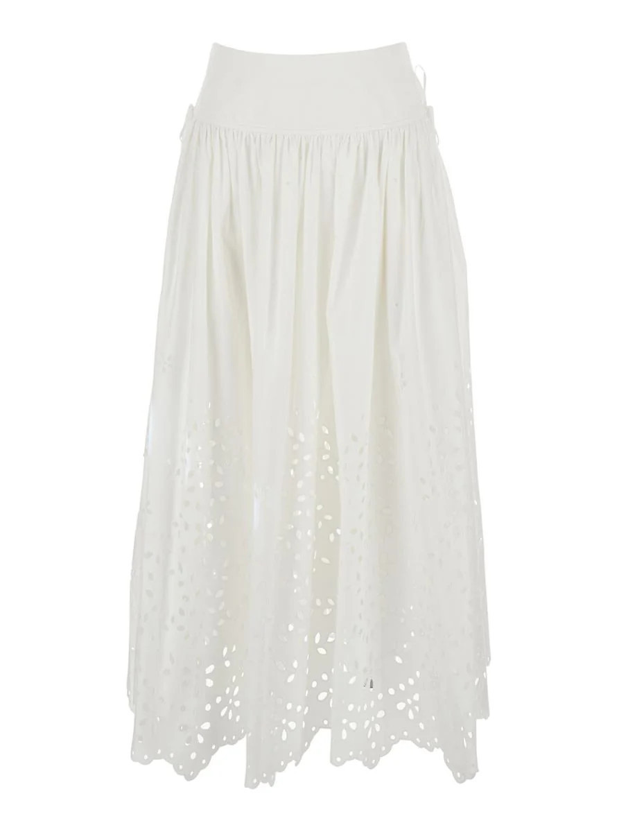 White Midi Skirt With Side Gathered Details And All-Over Embroidery In Cotton Woman | Baltini