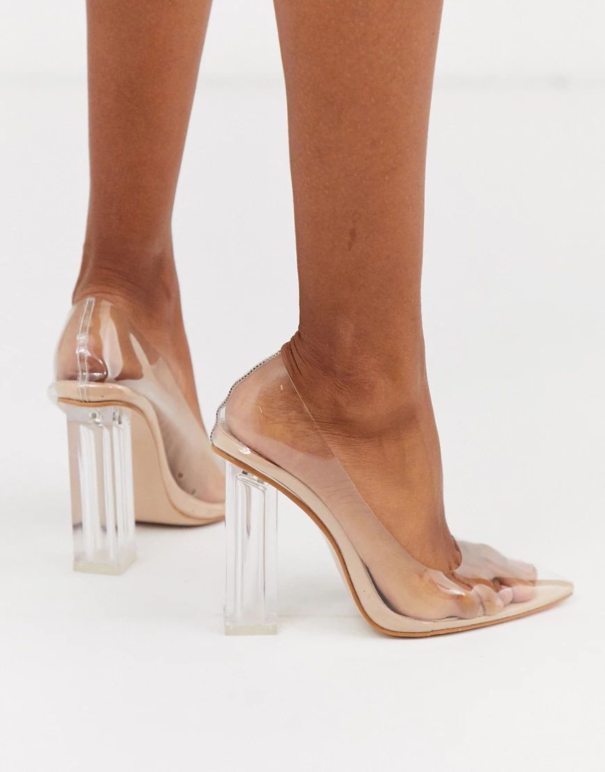 Public Desire Alluring Clear block heeled shoes in beige patent | ASOS (Global)