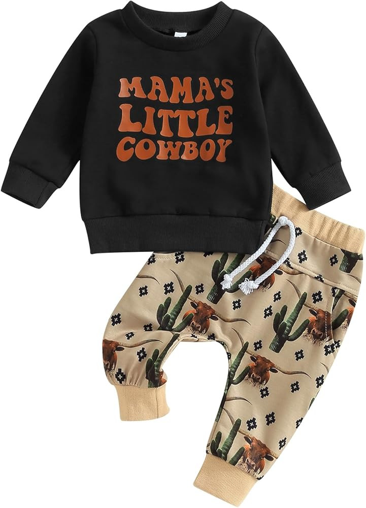 SAYOO Western Baby Boy Clothes Cow Print Sweatshirt Pullover Top Jogger Pants 2Pcs Toddler Boy Co... | Amazon (US)