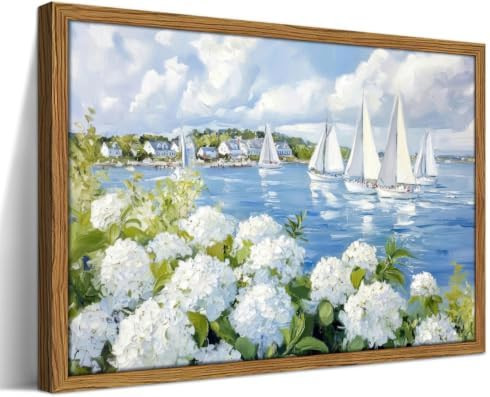 Framed Vintage Coastal Sailboat Wall Art, White Hydrangea Seascape Pictures Wall Decor Painting, ... | Amazon (US)