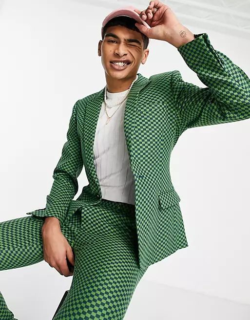 ASOS DESIGN skinny suit jacket in green checkerboard | ASOS (Global)