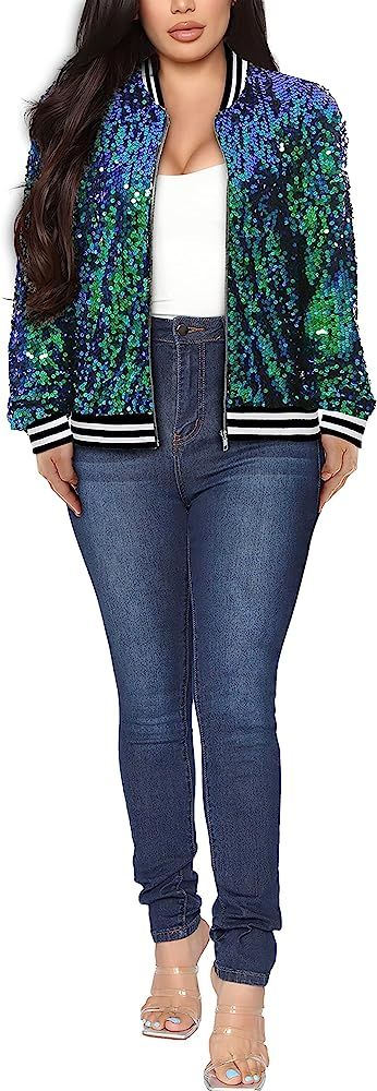 Yutuwomsfushi Womens Long Sleeve Sequin Open Front Zipper Jacket with Ribbed Cuffs | Amazon (US)
